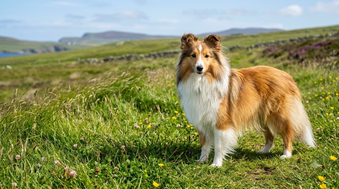 A Shetland Sheepdog with a sable-and-white coat standing alertly in a grassy field