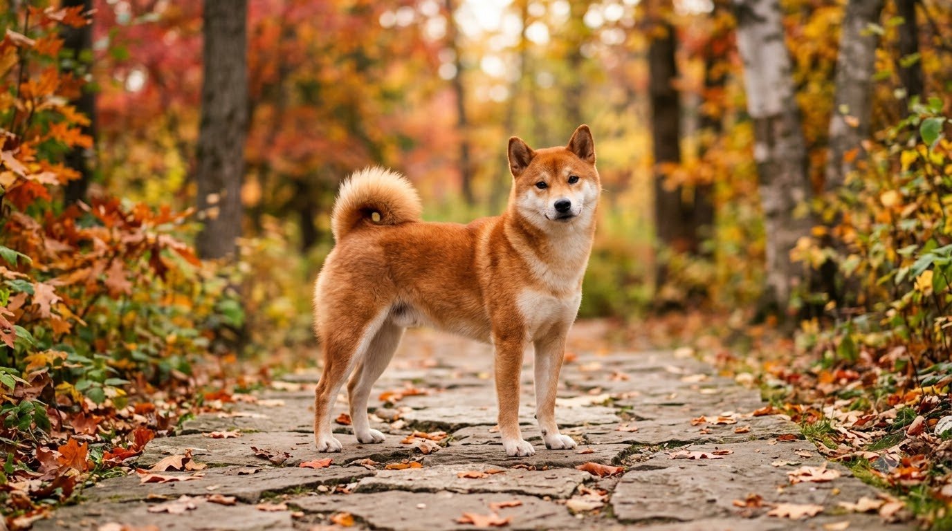 A red Shiba Inu standing outdoors on a stone path with a curled tail