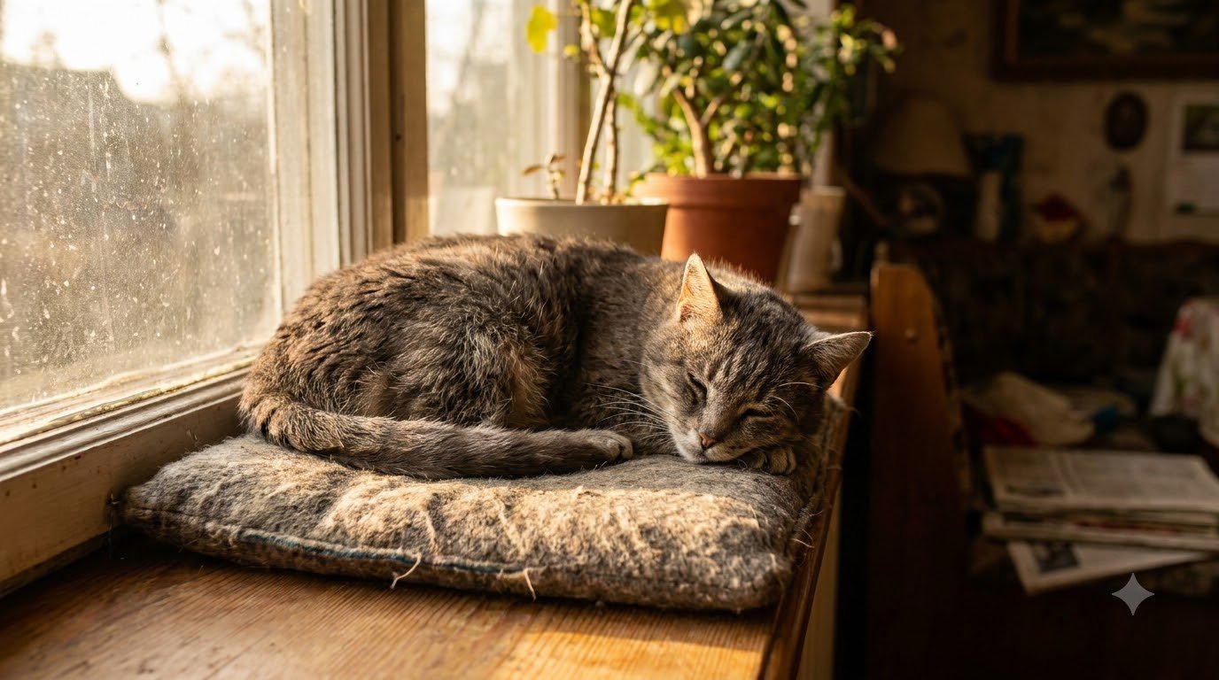 A cat resting quietly on a windowsill