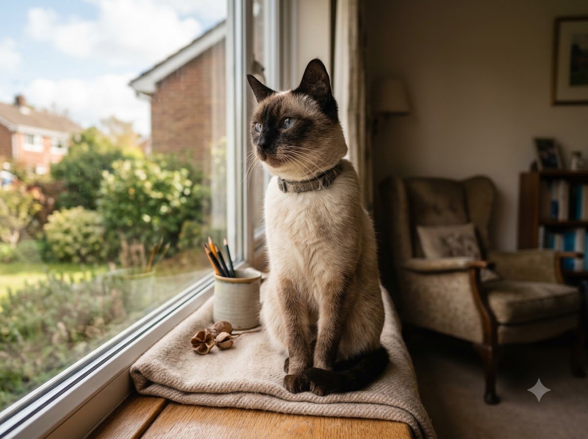 A Siamese cat sitting alertly on a windowsill