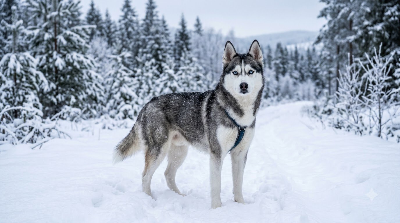 A Siberian Husky with a gray-and-white coat and blue eyes standing in snow