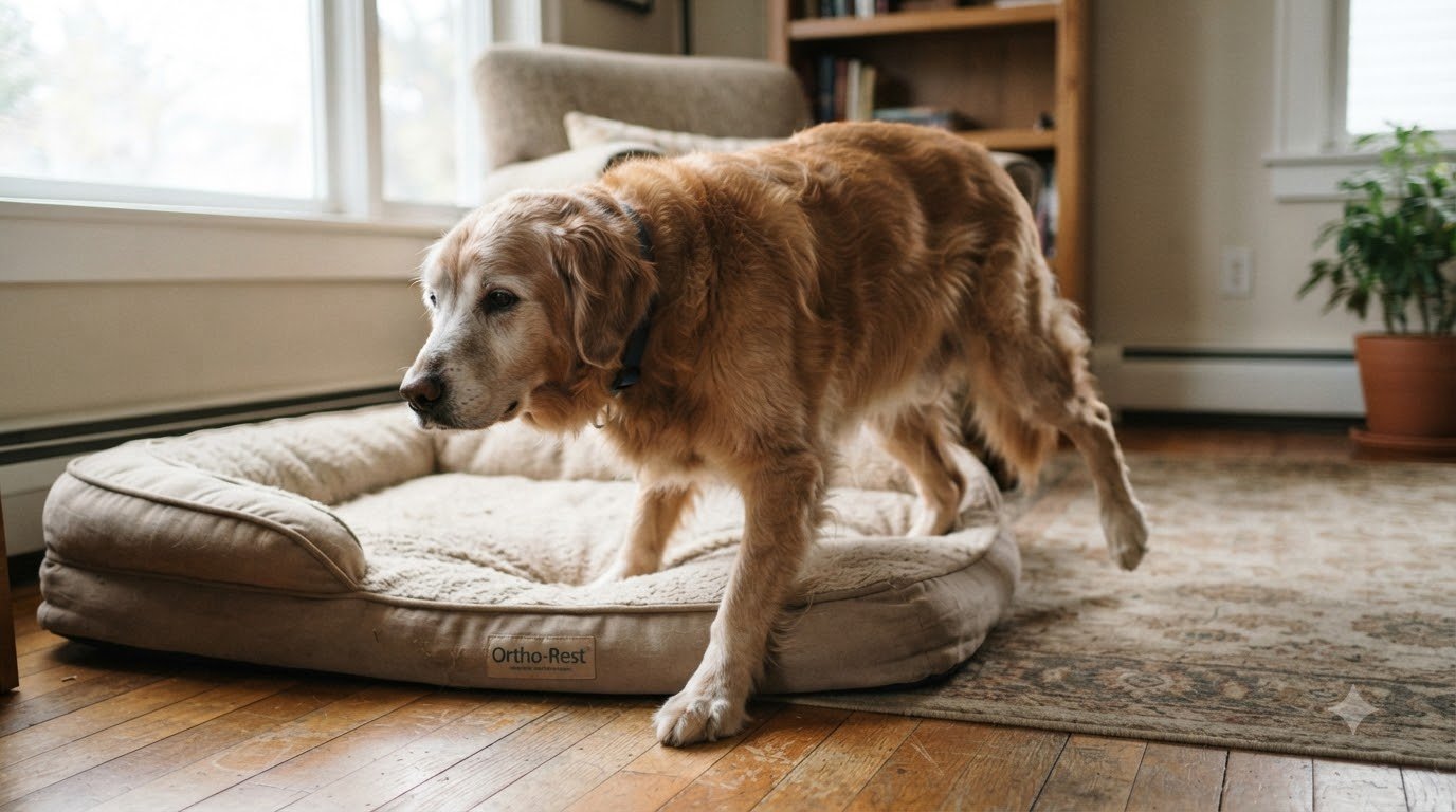 A senior dog getting up from resting, showing careful movement