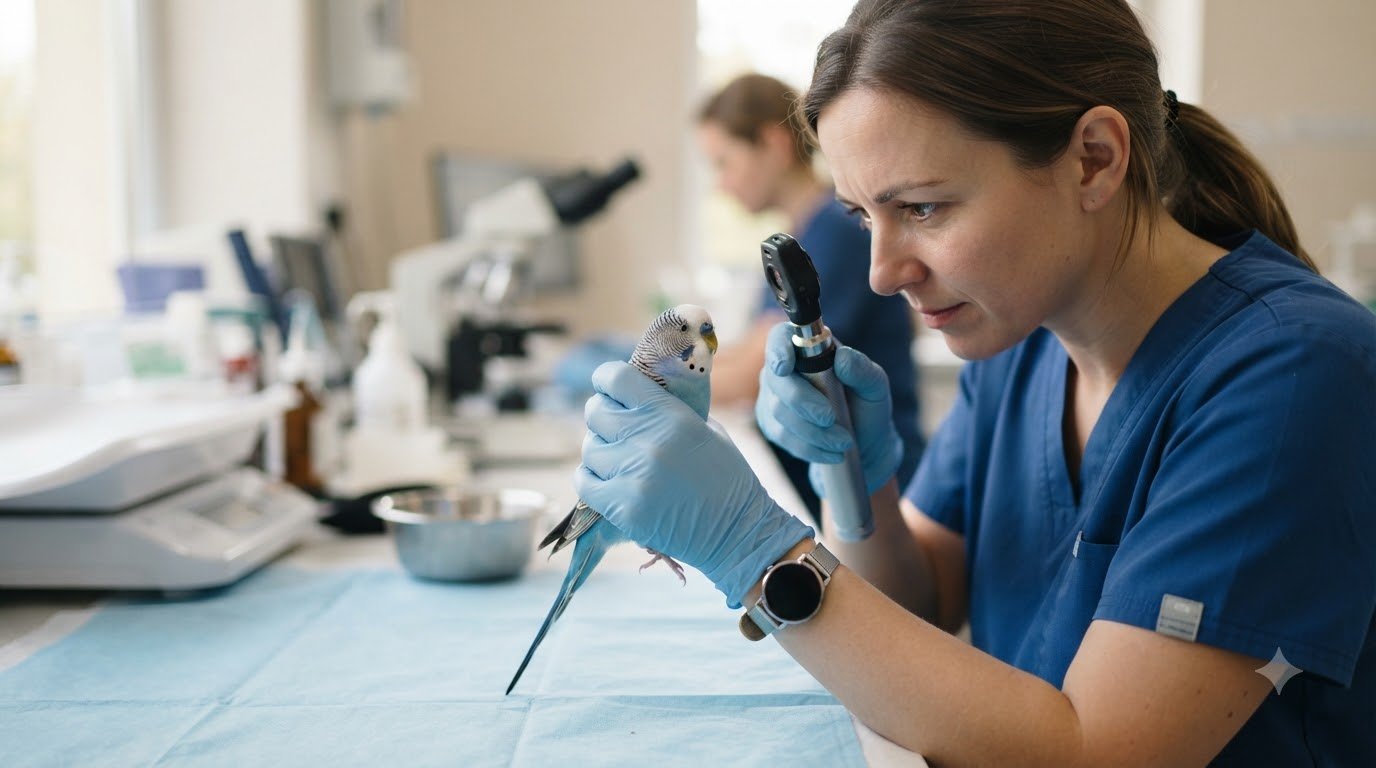 A person gently checking a pet bird held securely in hand