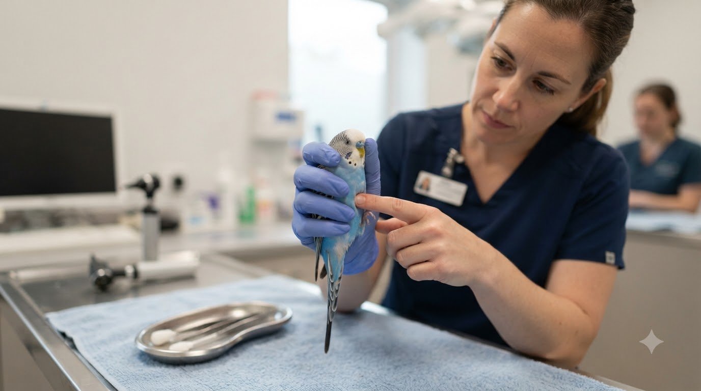 A person examining a pet bird closely in a soft, clinical setting