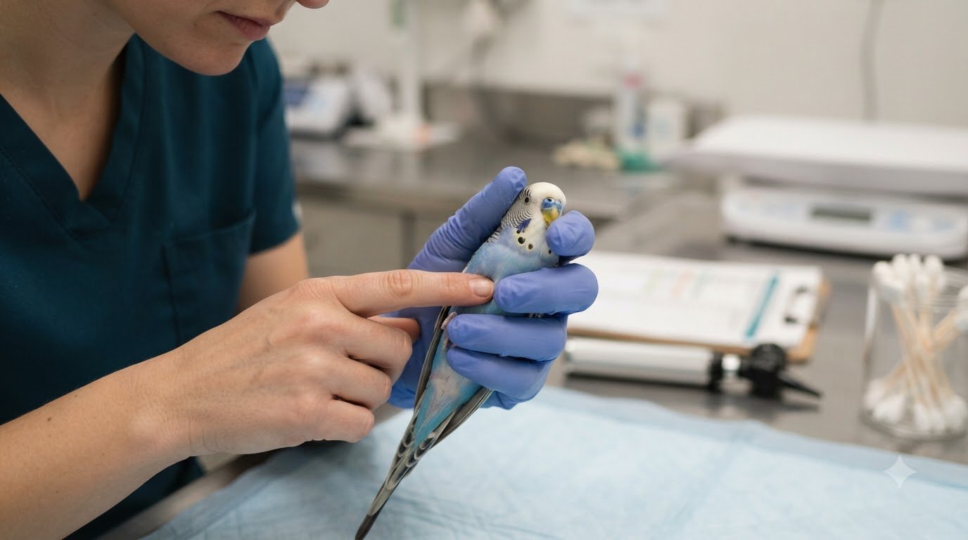 A person examining a pet bird's feathers and posture