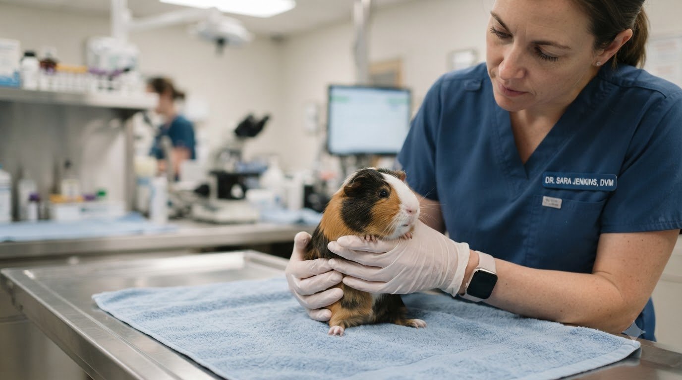 A hand gently holding a guinea pig, checking its condition