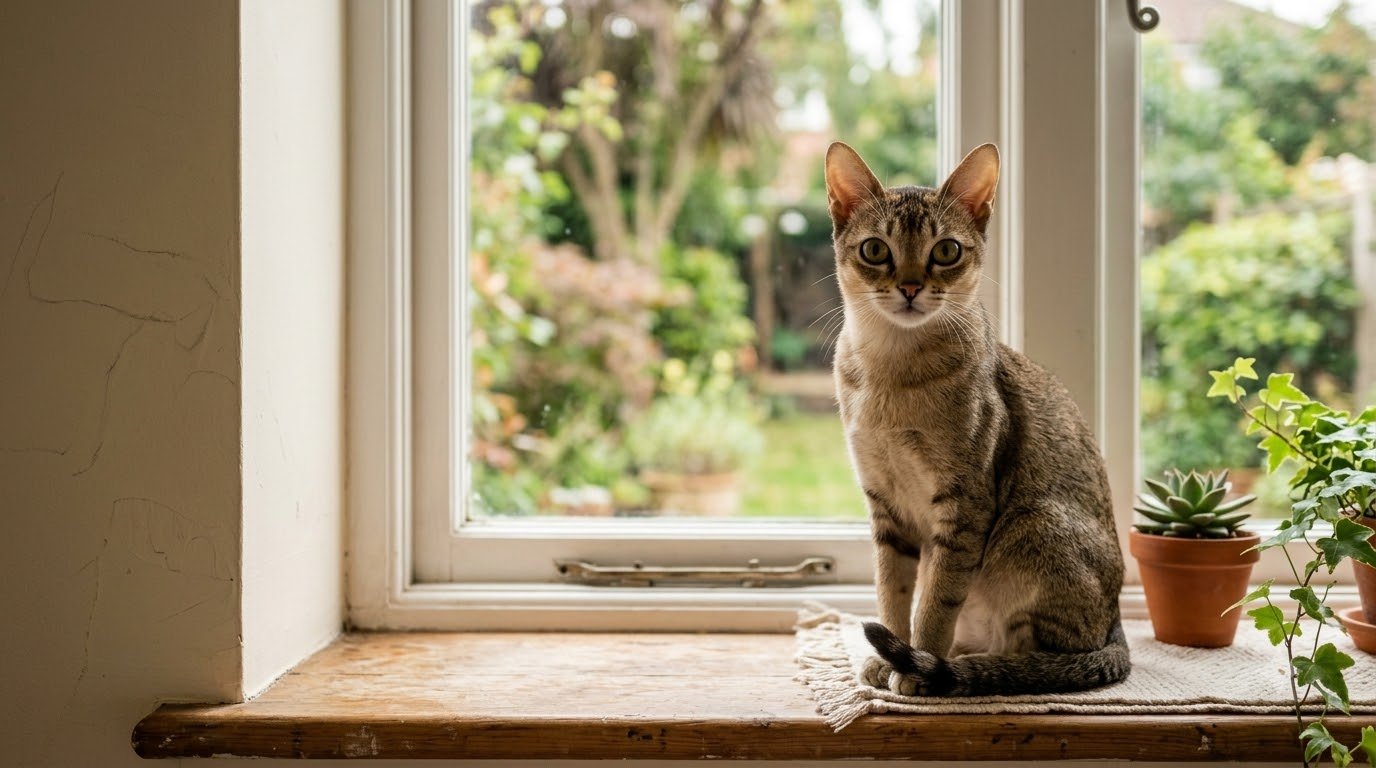 A small Singapura cat with a sepia ticked coat sitting indoors on a windowsill