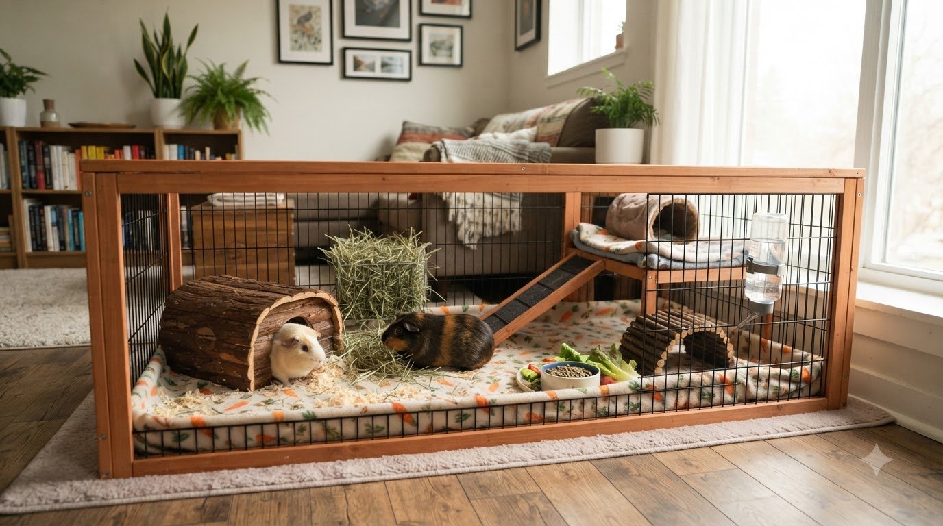 A guinea pig cage with proper bedding set up indoors