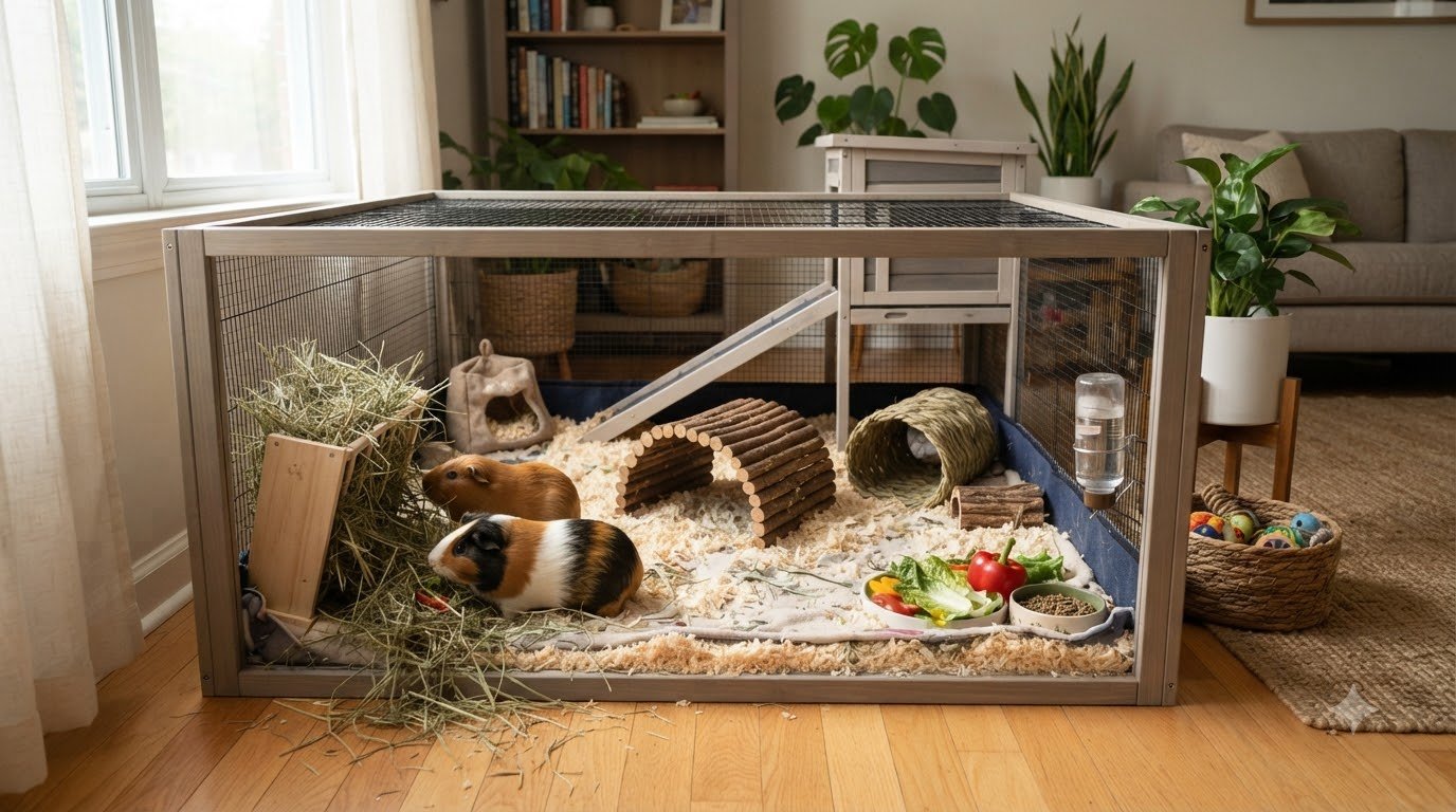 A guinea pig cage set up indoors with proper bedding