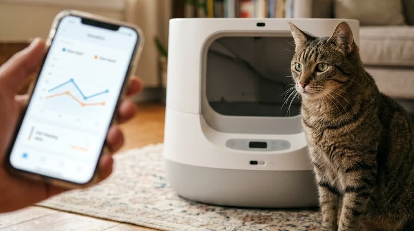 A senior cat near a modern smart litter box with a phone showing tracking data nearby