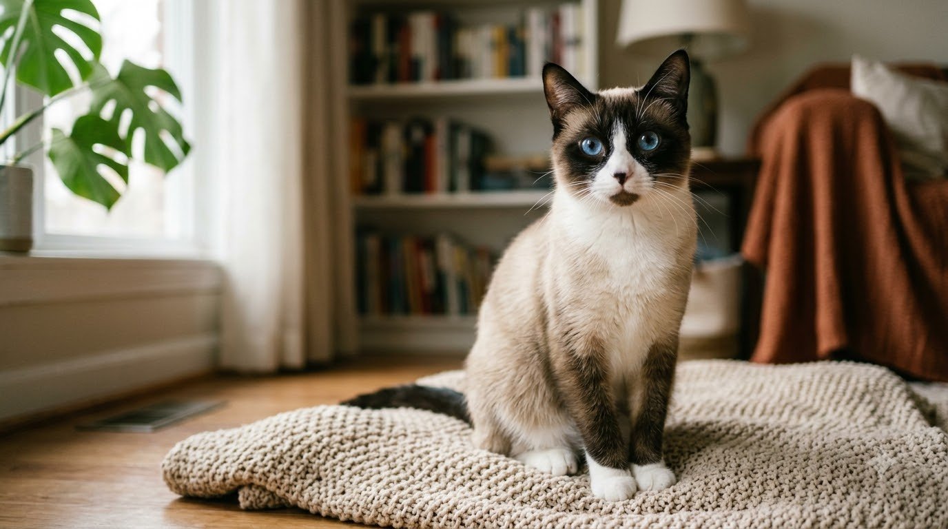 A Snowshoe cat with color-point coat and white paw markings sitting indoors