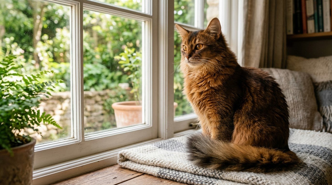 A ruddy Somali cat with a fluffy ticked coat and plumed tail sitting indoors near a window