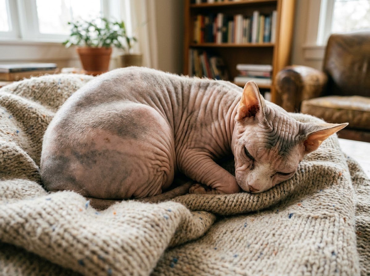 A Sphynx cat curled up on a warm blanket indoors