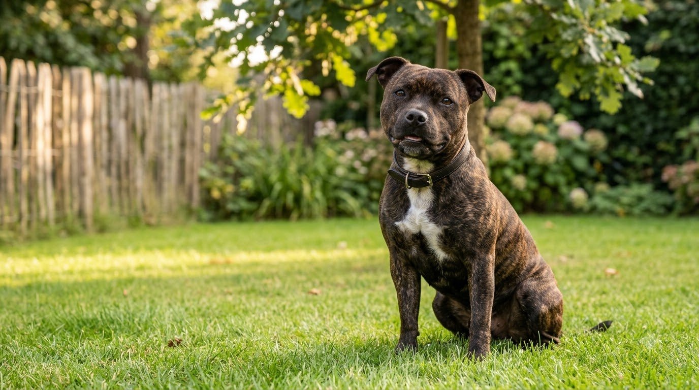 A brindle Staffordshire Bull Terrier sitting outdoors on a grassy lawn