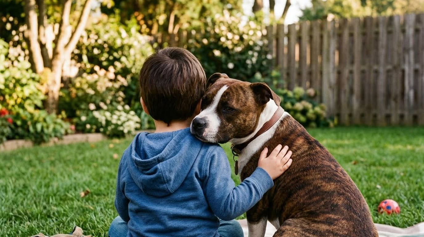 A Staffordshire Bull Terrier sitting close beside a child in a backyard