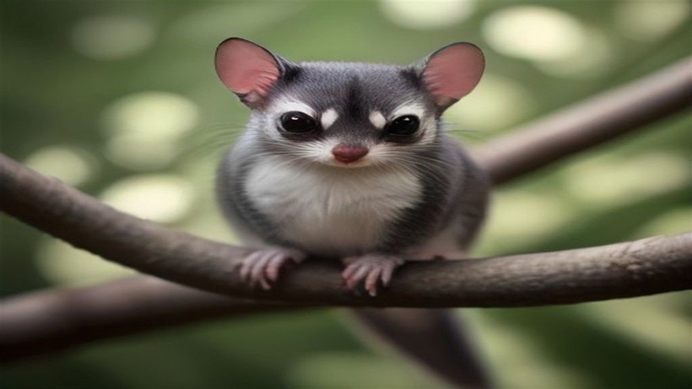 A sugar glider with grey fur and a dark dorsal stripe perched on a branch