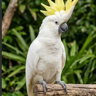 A Sulphur-Crested Cockatoo with its crest raised outdoors