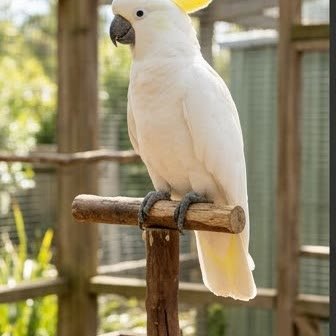 A Sulphur-Crested Cockatoo perched on an outdoor stand