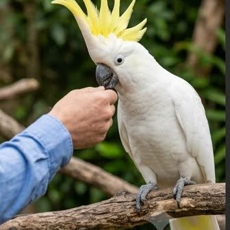 A Sulphur-Crested Cockatoo interacting with its owner's hand