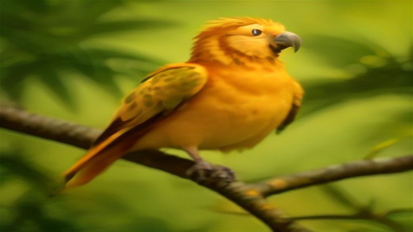 A Sun Conure with brilliant golden and orange plumage perched on a branch
