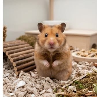 A Syrian hamster sitting alert in its bedding