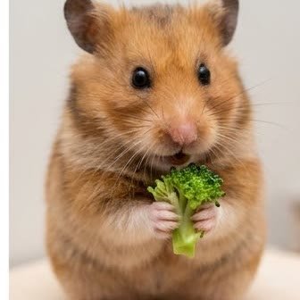 A Syrian hamster eating a piece of broccoli