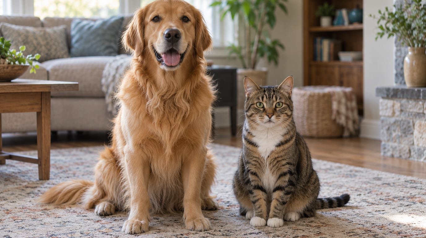 A golden retriever and a tabby cat sitting side by side on a living room floor