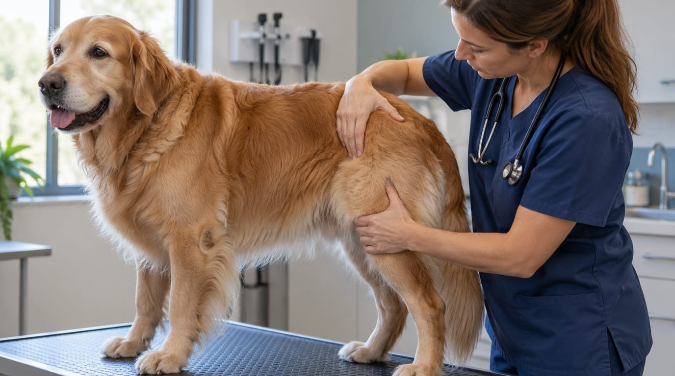A veterinarian checking the hips of a large dog on an exam table