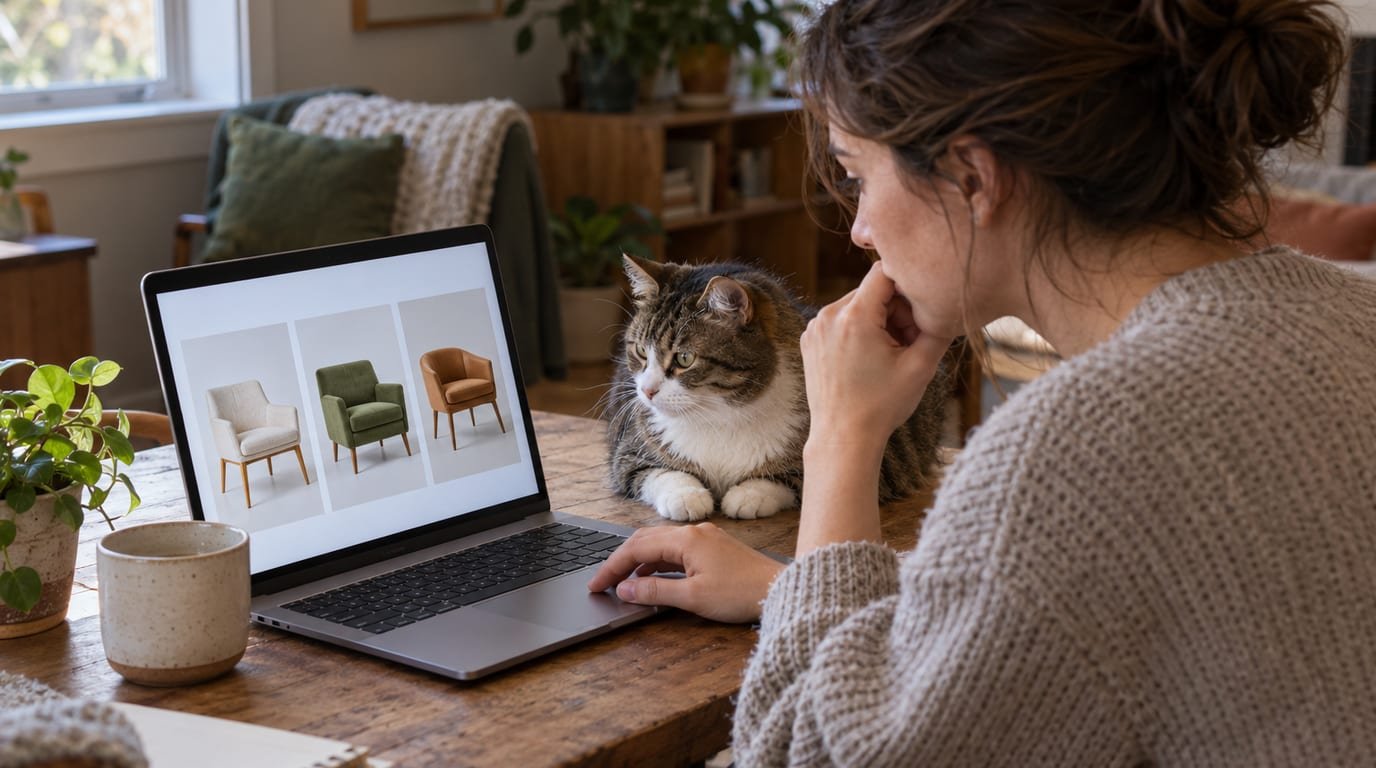 A pet owner comparing insurance quotes on a laptop while a cat sits beside the keyboard