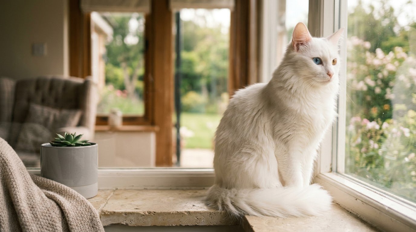 A white Turkish Angora cat sitting elegantly on a windowsill indoors