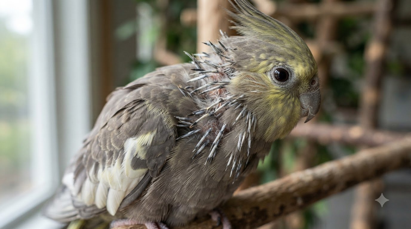 Close-up of a cockatiel's feathers showing new pin feathers emerging