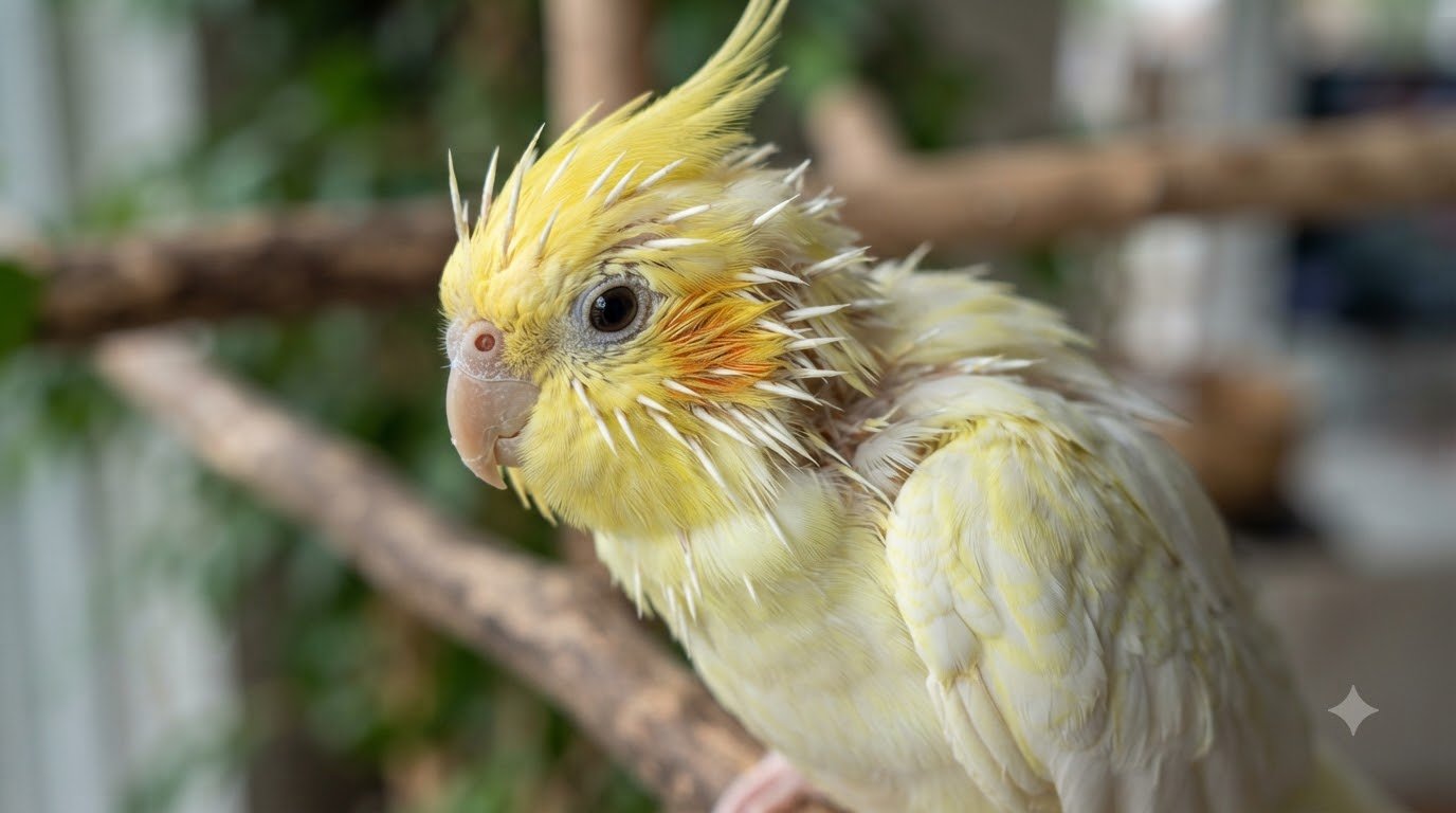 A cockatiel with new pin feathers visible during its molt