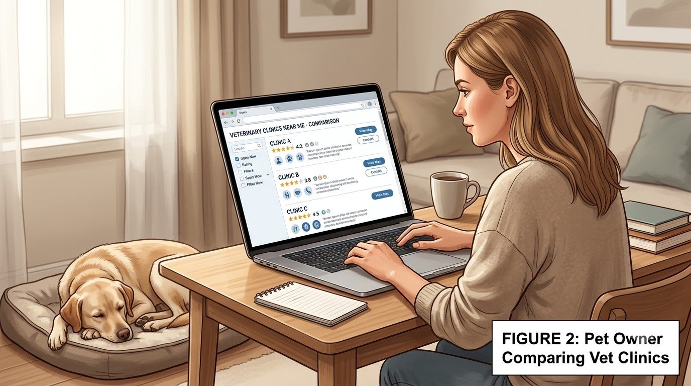 A pet owner browsing local clinic options on a laptop