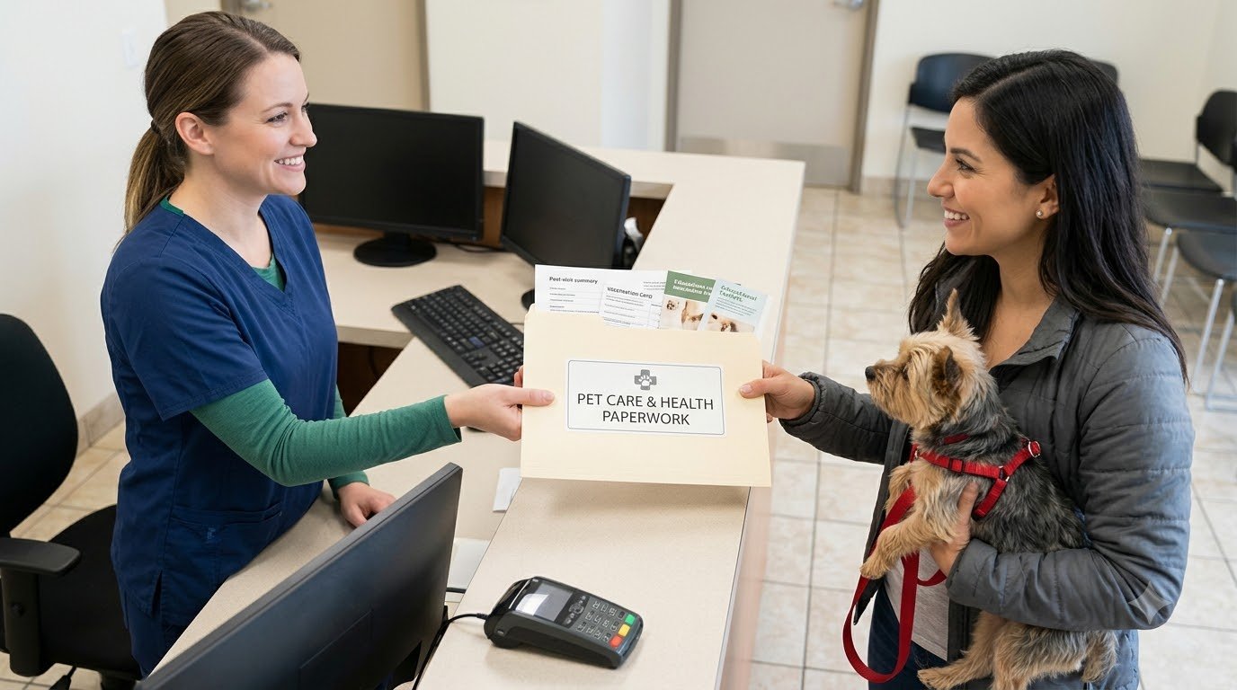 A vet handing paperwork to a pet owner at a clinic