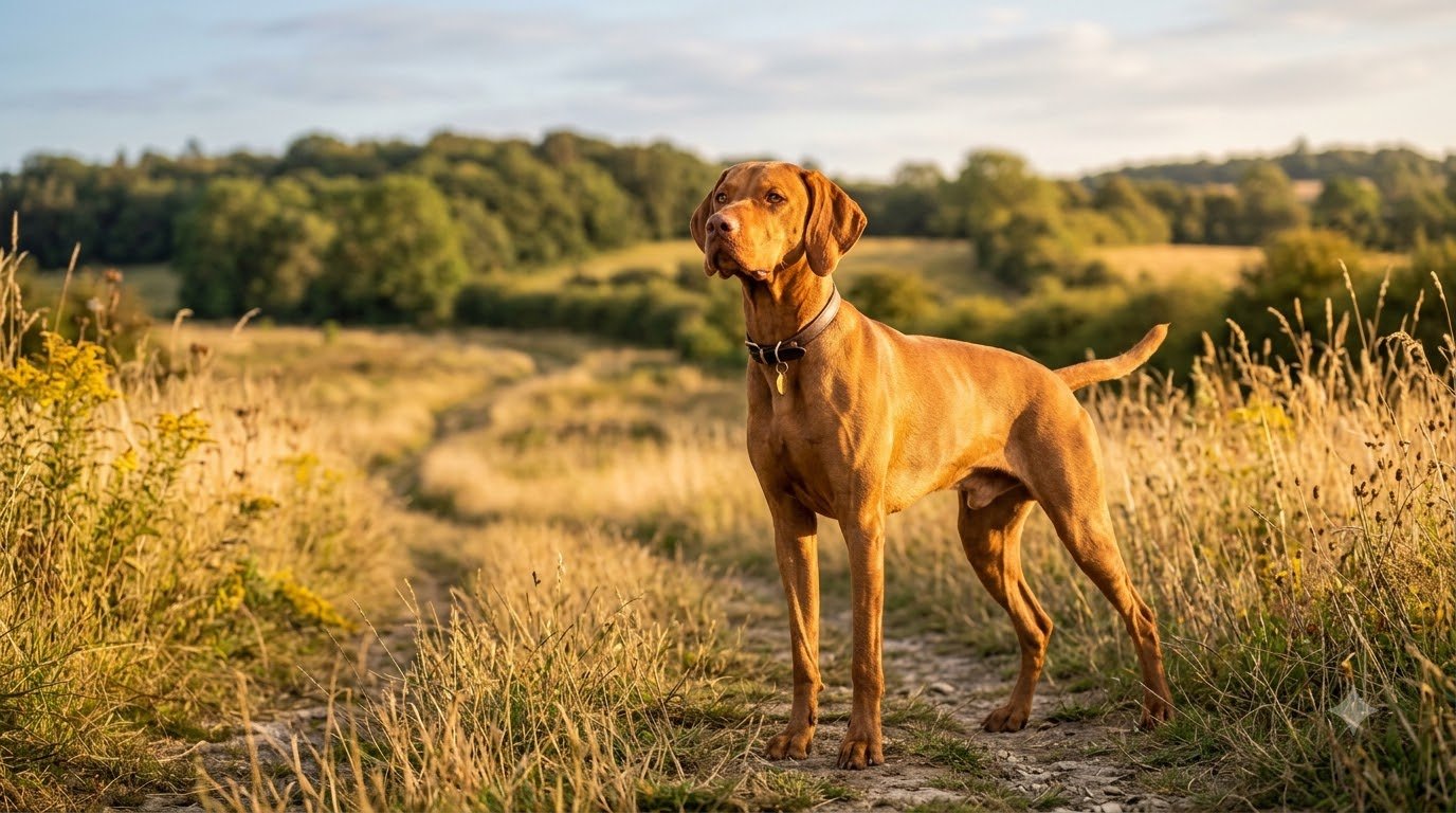A Vizsla with a sleek golden-rust coat standing alert in a field