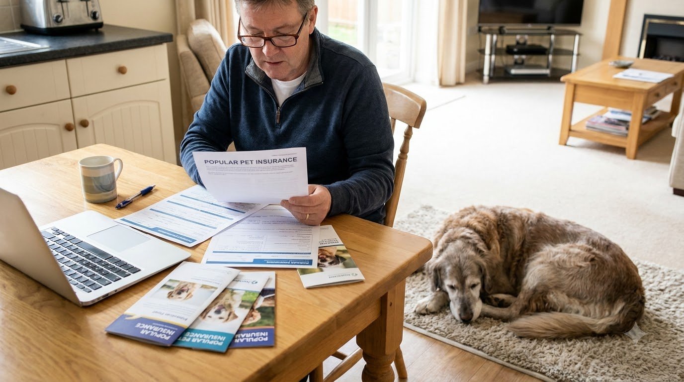 A pet owner reviewing paperwork with a dog nearby