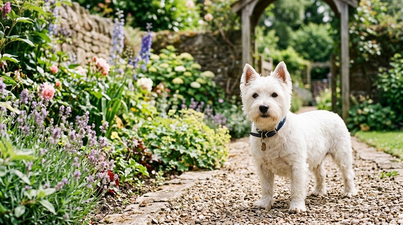 A West Highland White Terrier with a wiry white coat standing outdoors on a garden path