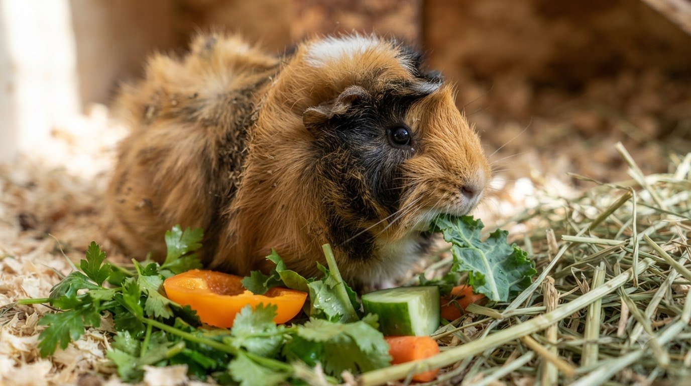 A guinea pig eating fresh vegetables and hay