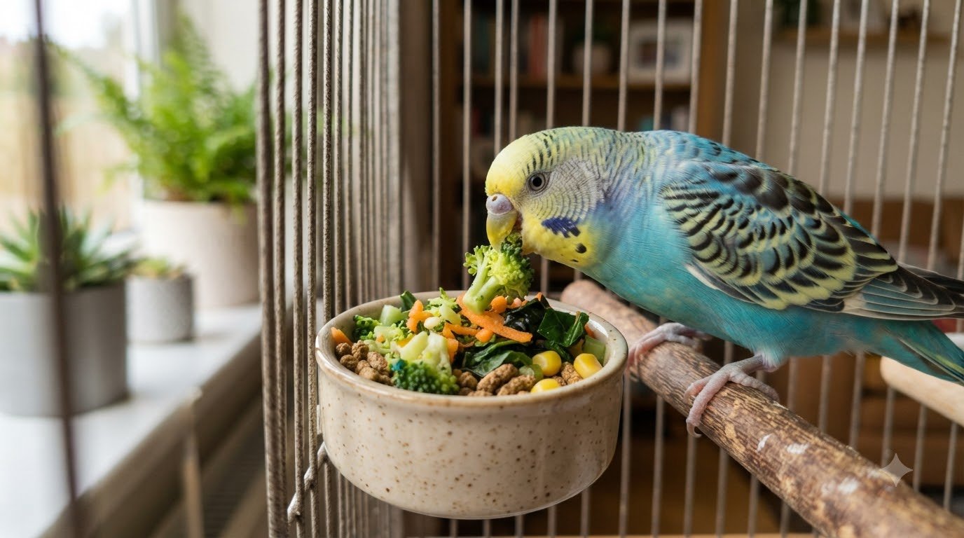 A parakeet eating fresh vegetables close up