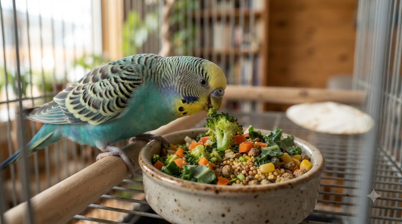 A parakeet eating from a dish of fresh vegetables and pellets