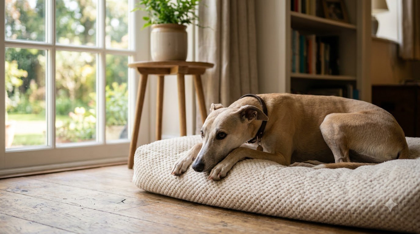 A Whippet with a short fawn coat lying relaxed on a soft dog bed indoors