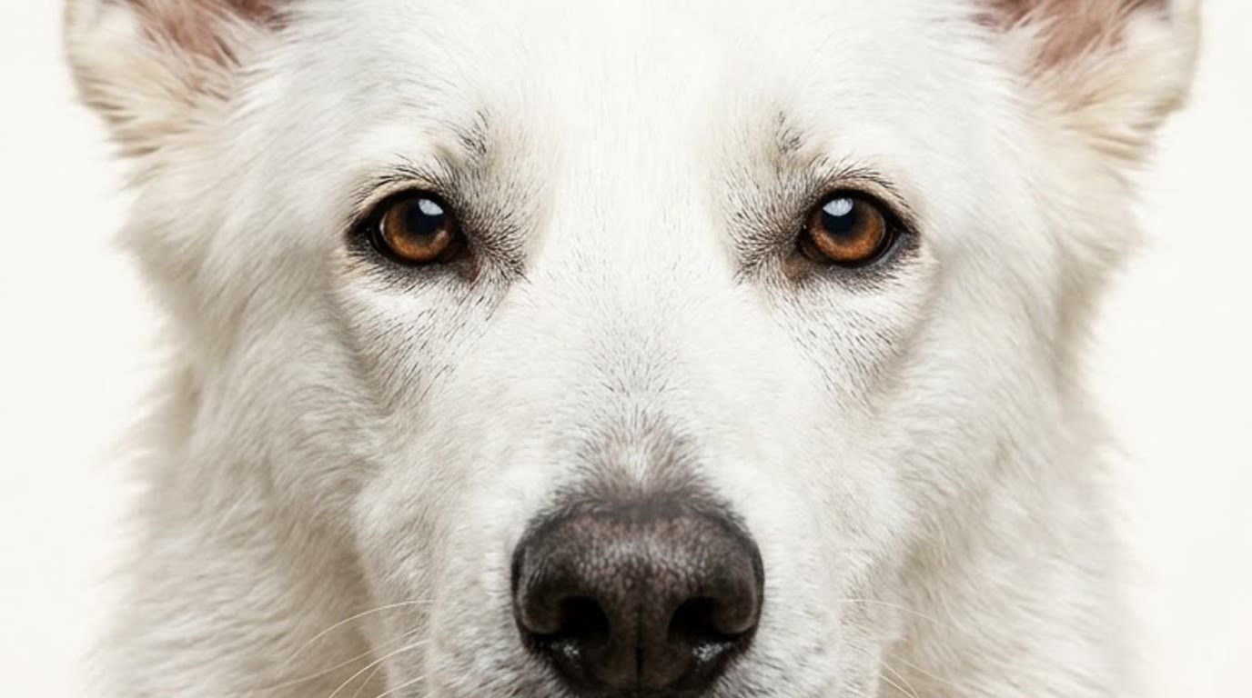 Close-up headshot portrait of a solid white German Shepherd