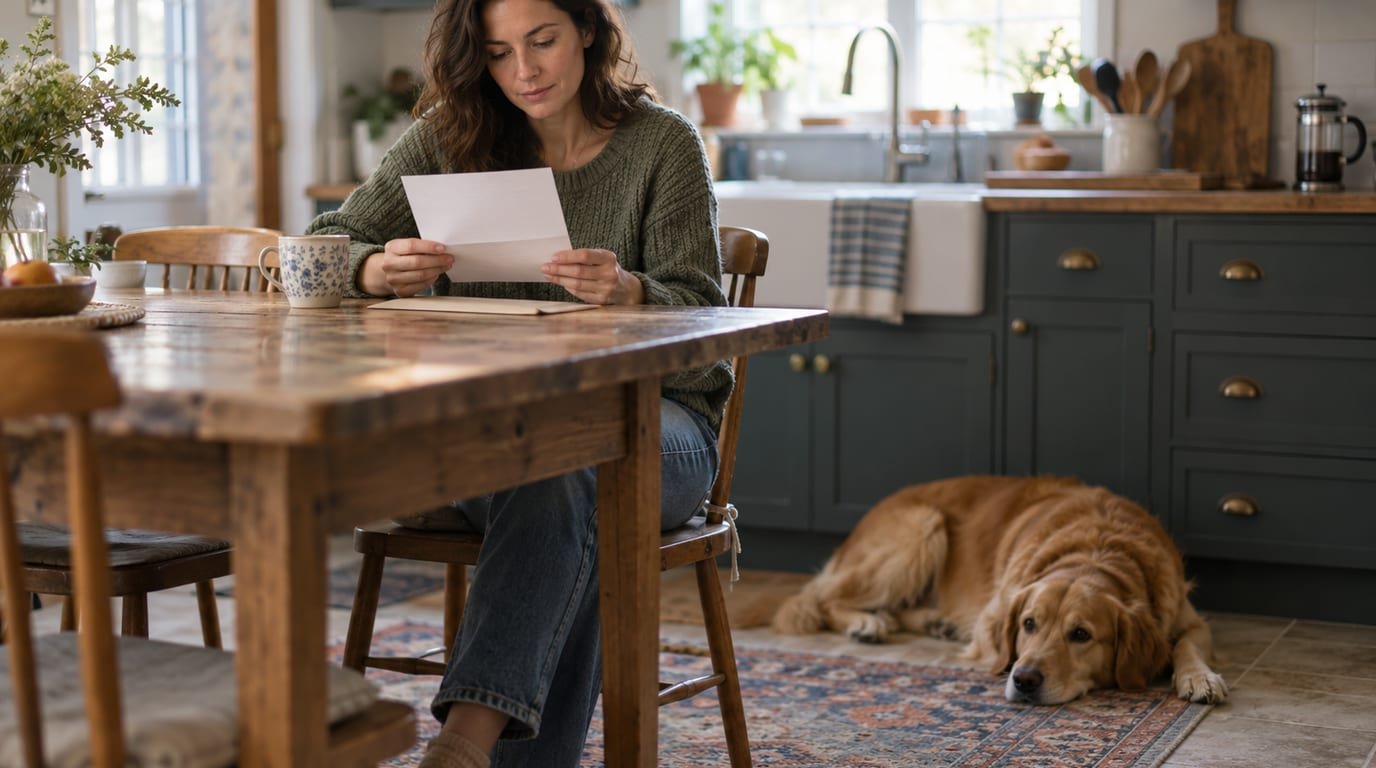 A person at a kitchen table reviewing a pet insurance renewal letter while their dog rests nearby