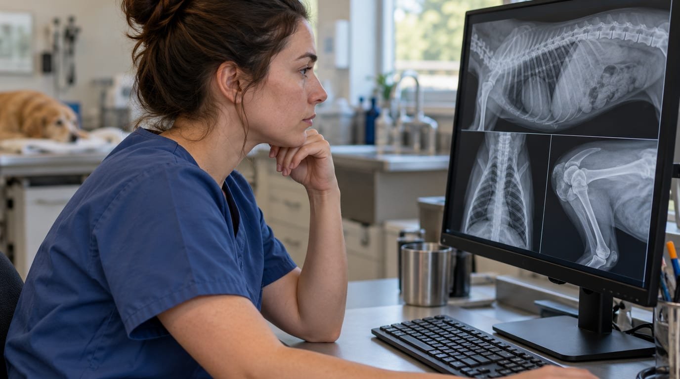 A veterinary technician reviewing X-ray images on a monitor in a clinic
