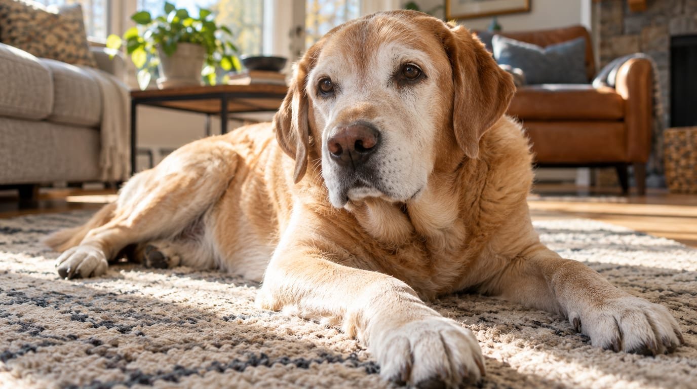 An older Labrador retriever lying on a rug in a sunny living room