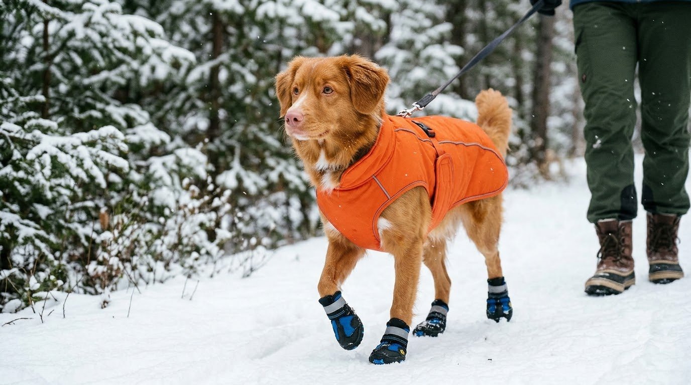 A dog wearing a warm coat while walking in light snow