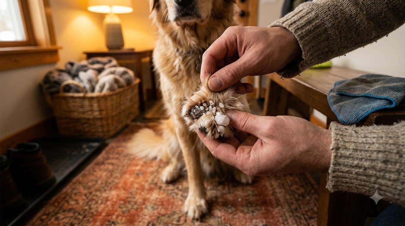 A person checking a dog's paw after an outdoor walk