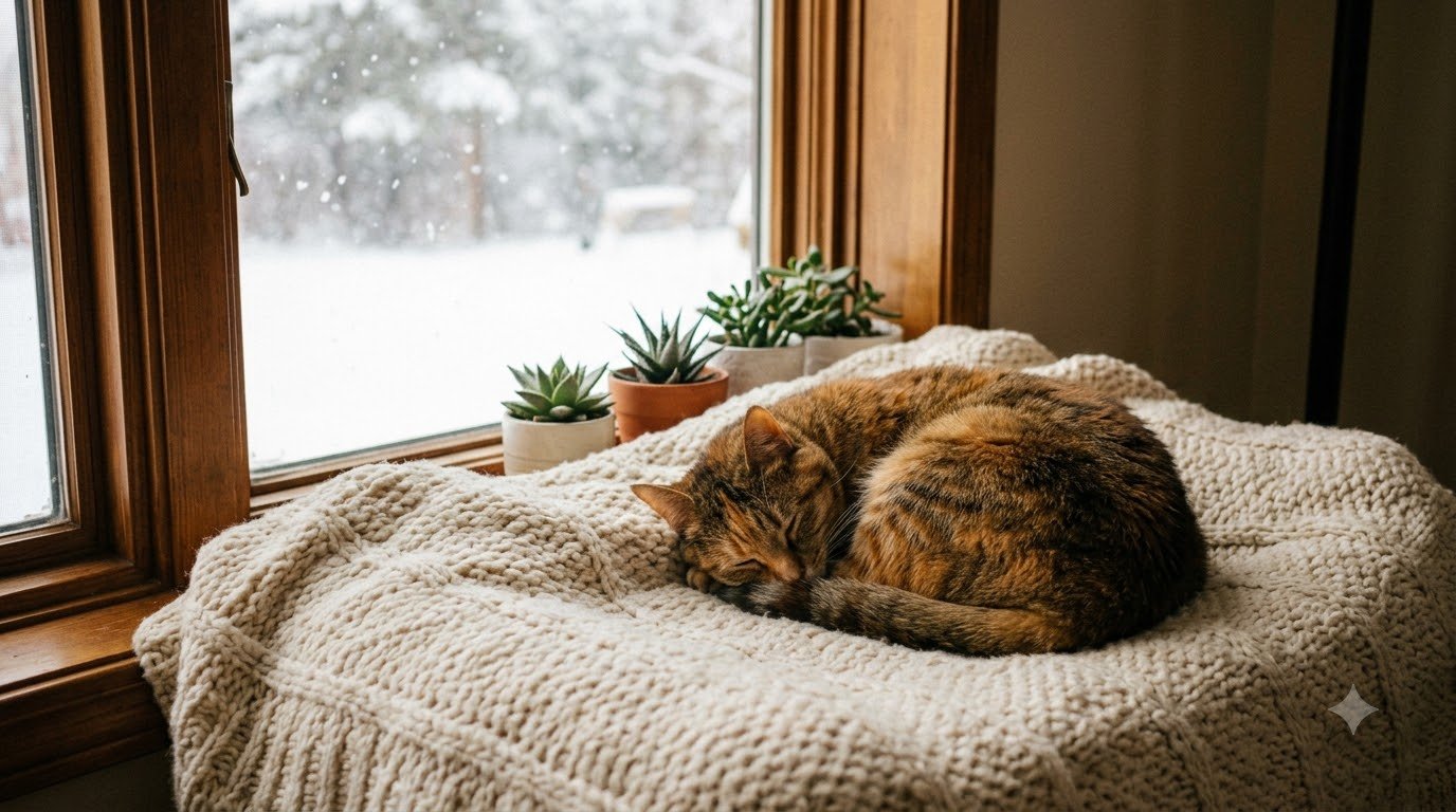 A cat curled up near a warm window with snow visible outside