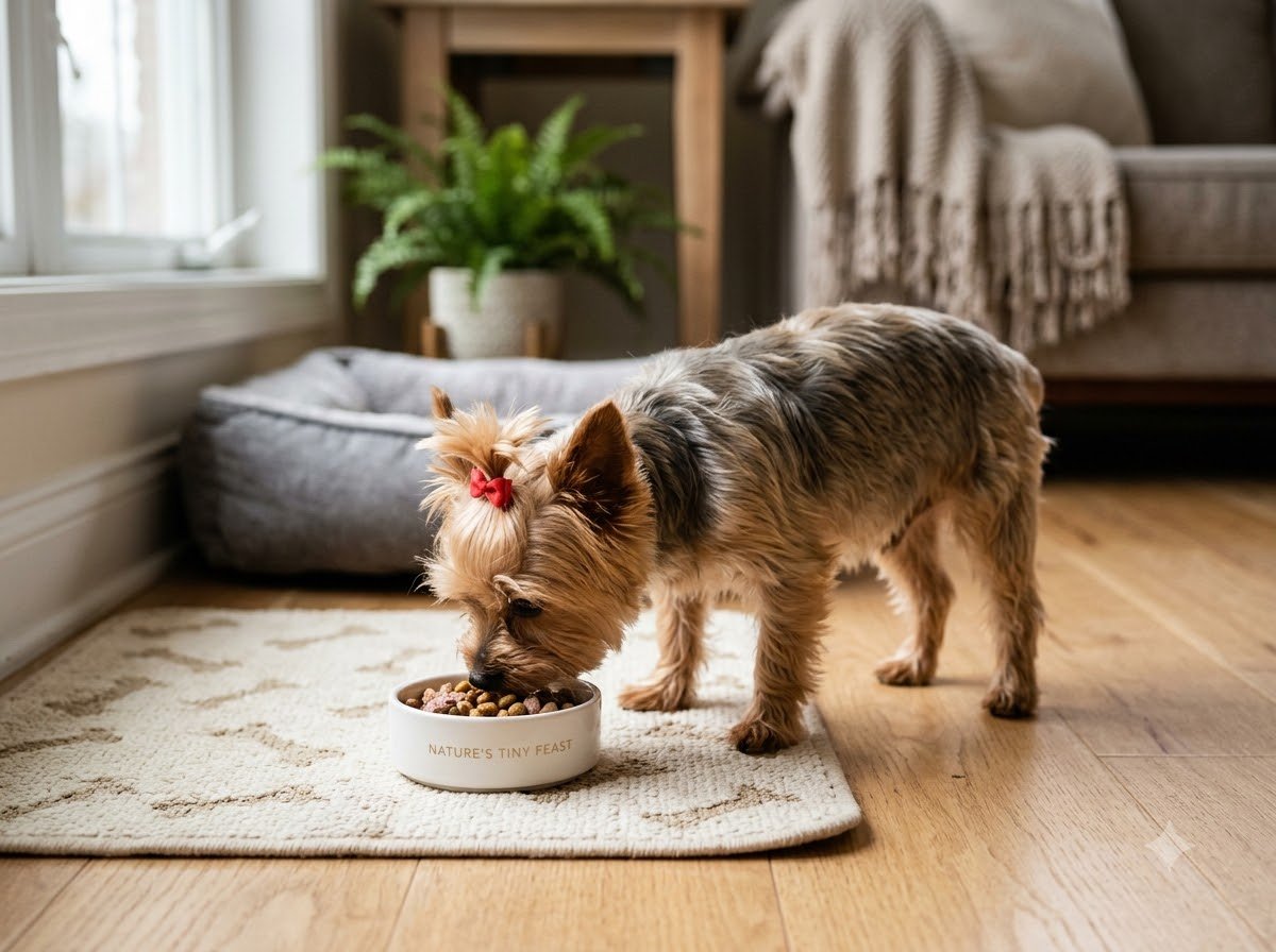 A Yorkshire Terrier eating from a small bowl indoors